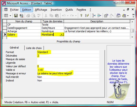 Cr&eacute;ation champ Salaire