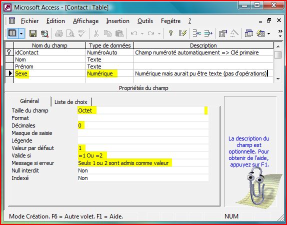 Cr&eacute;ation du champ Sexe
