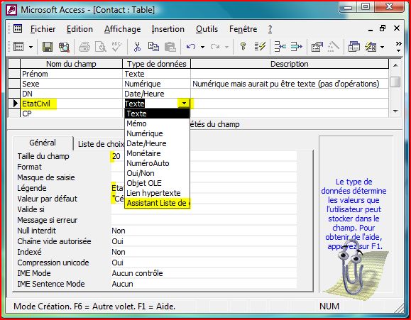 Cr&eacute;ation du champ Etat-civil