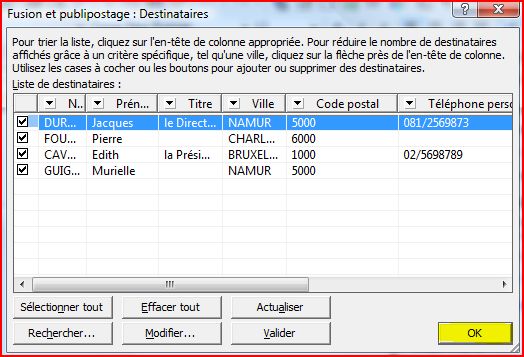Word Visualiser les 4 enregistrements