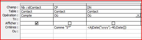 Crit&egrave;re age + CP commence par 5